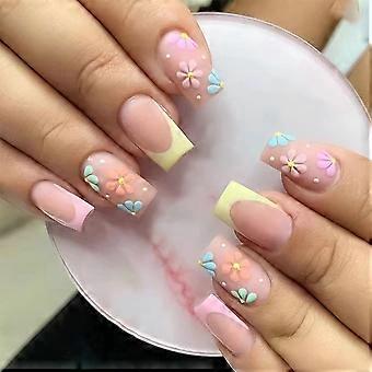 24Pcs Medium French Square Press On Nails Nude Acrylic Fake Nails with Floral Design Reusable
