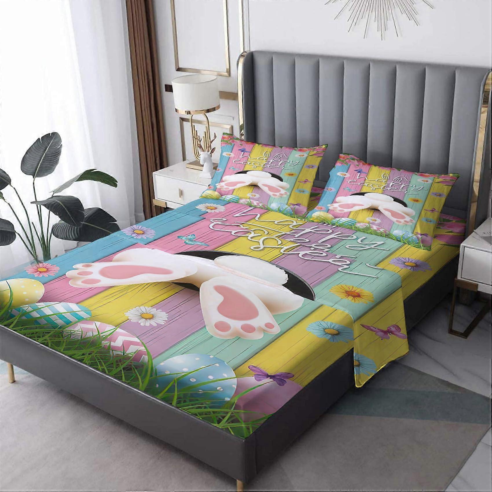 King Size Bed Sheets Set Easter Bunny Design Soft Microfiber Deep Pocket Anti Pilling Bedding