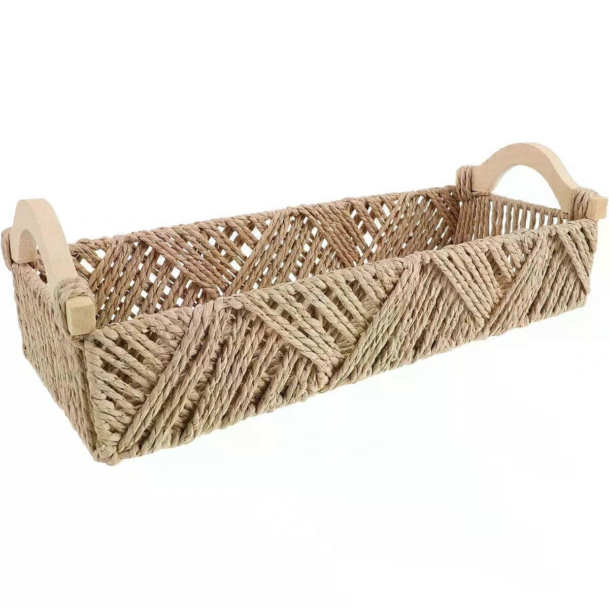 Rectangular Storage Basket with Wooden Handles Woven