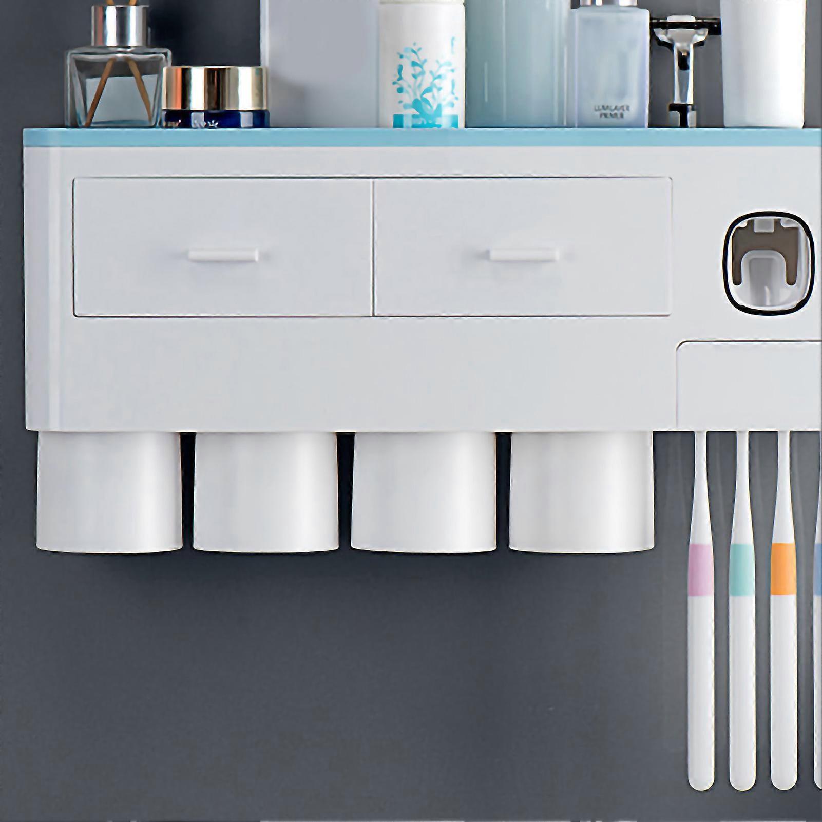 Toothbrush Storage Rack Inverted Magnetic Adsorption Toothbrush Holder Toothpaste Squeezer 4 Blue Cups 