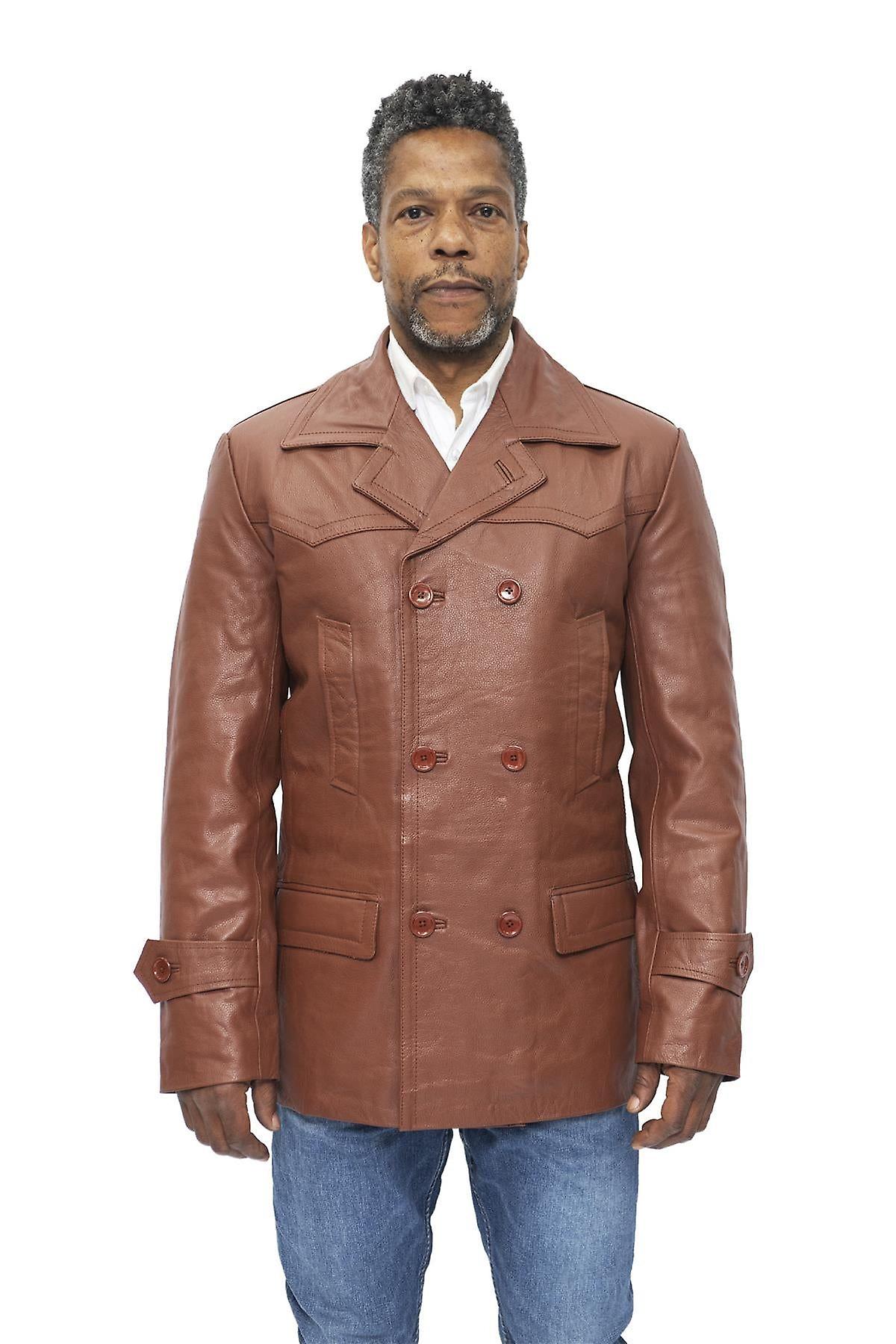 Mens Tan Cow Hide Dr Who Naval German Pea Coat Leather Jacket 