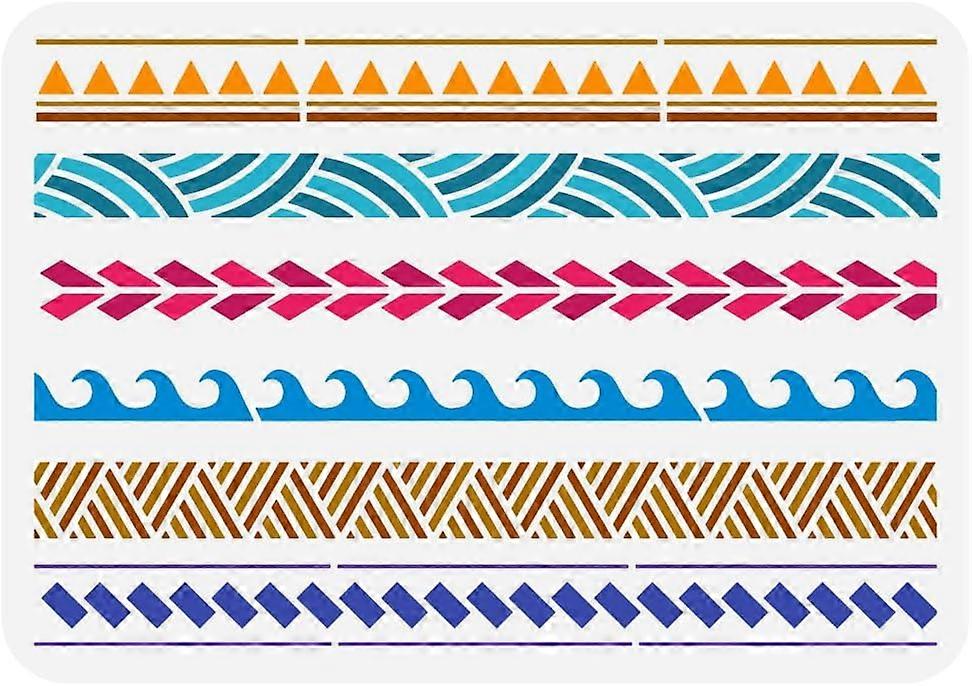Samoan Geometric Border Painting Stencil 8.3x11.7inch Large Geometric Patterns Drawing Template Reusable Rectangle Triangle Wave Pattern Stencil for P