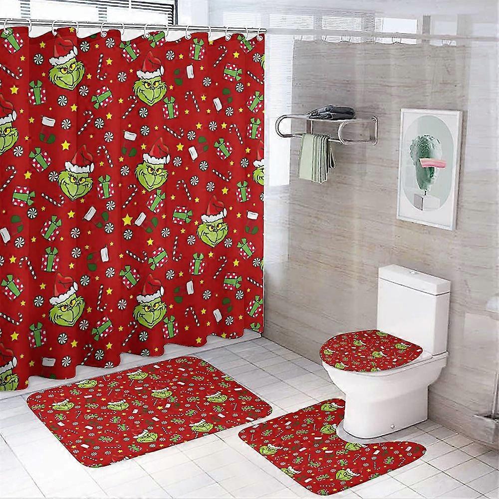 4 Pcs Grinch Pattern Shower Curtain Set Waterproof Durable Use Non-Slip for Home Bathroom Decoration