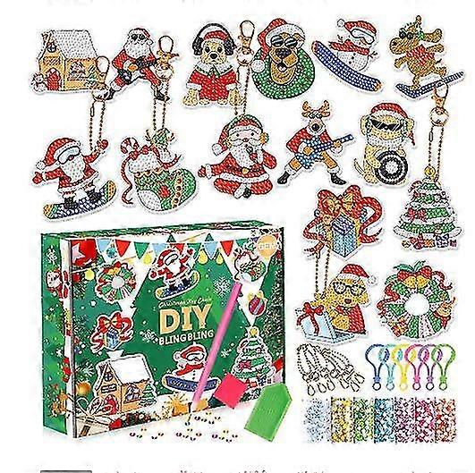 15 قطعة عيد الميلاد الماس اللوحة سلسلة المفاتيح كيت، دي عيد الميلاد 5D اللوحة الفنون الحرفية سلسلة المفاتيح للهدايا