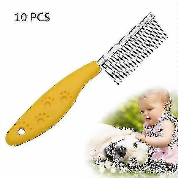 10 stk. stellekam i rustfritt stål med sklisikkert håndtak for kjæledyr (gul)