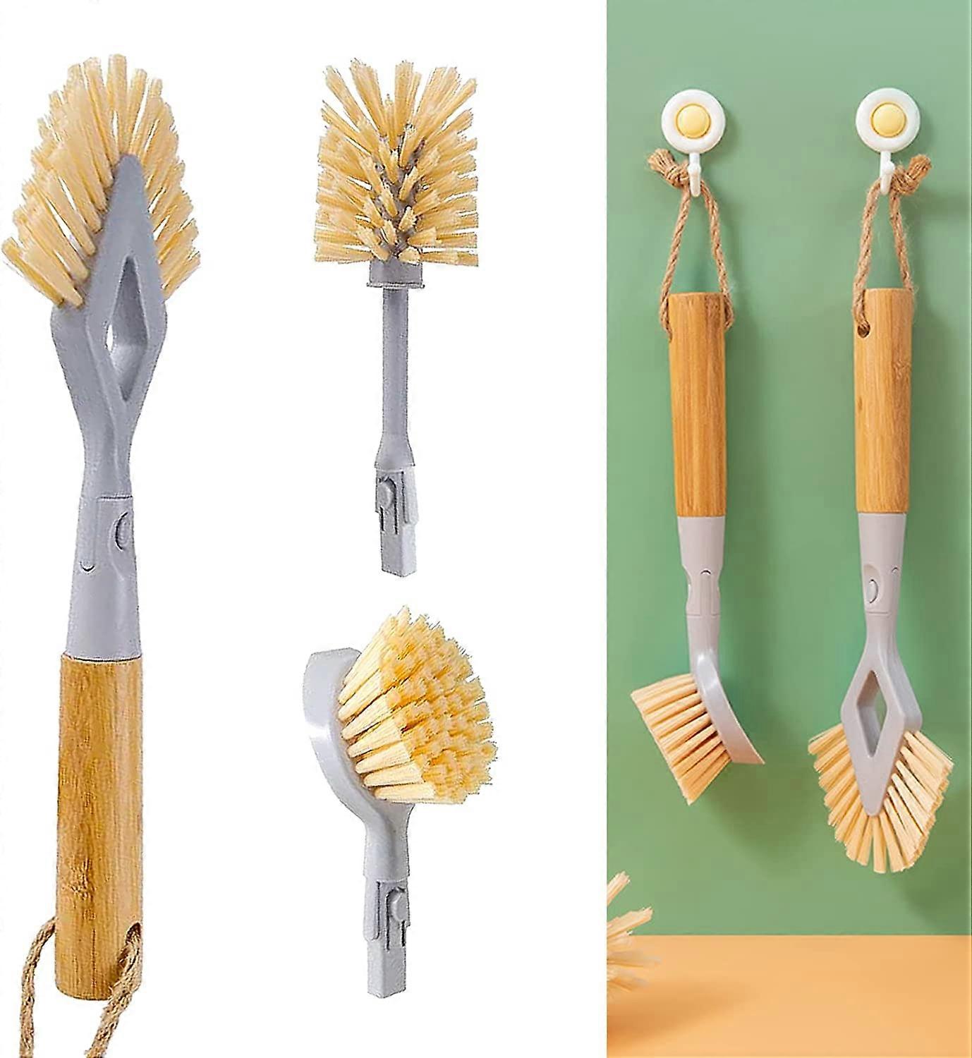Dish Brush Set 3 in 1 Cleaning Brush Set with 2 Interchangeable Brush Heads Bamboo Handle Bottle Brush, Dish Brush with Built-in Scraper
