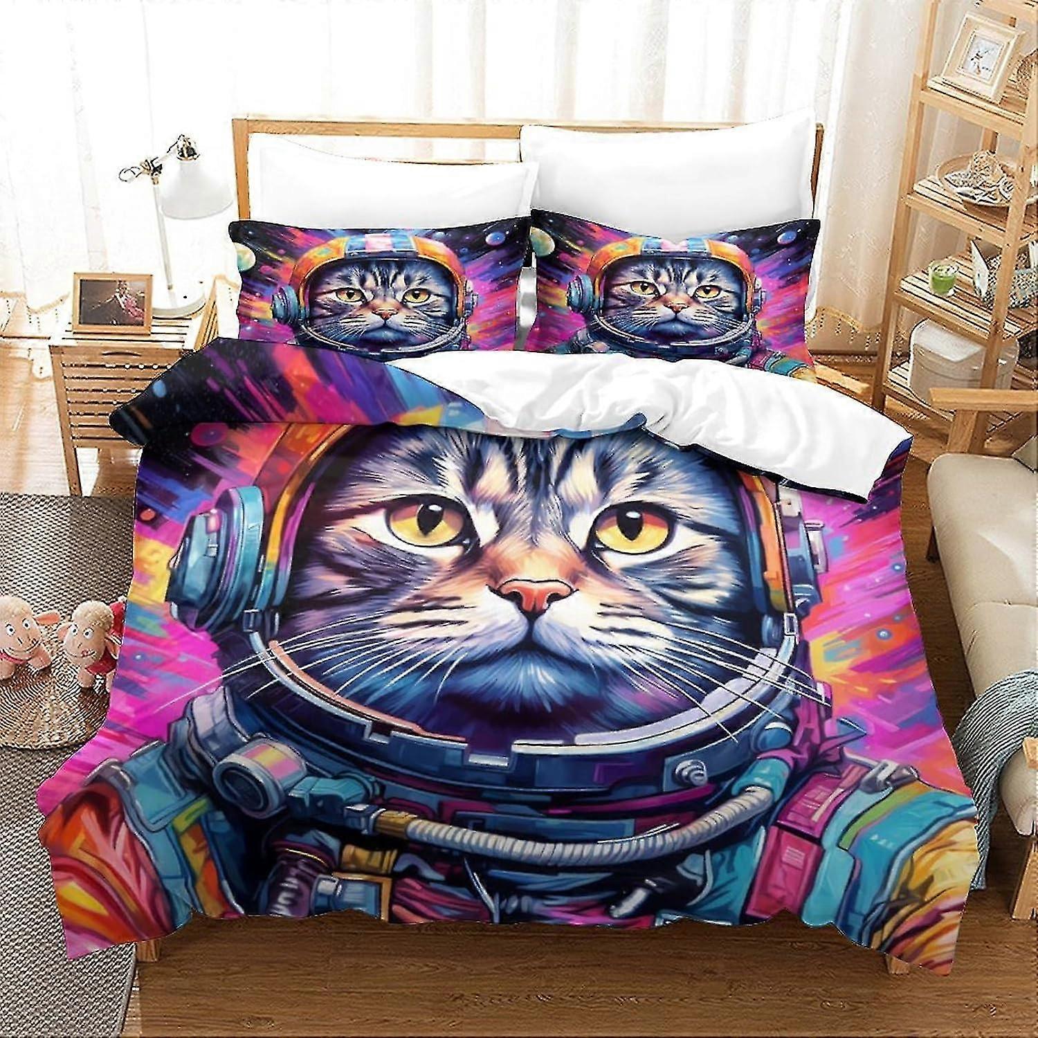o3692 סדינים חלל חתול סט כיסוי שמיכת שמיכה חתלתול סט כיסויי שמיכה מודפסים תלת מימד למבוגרים לילדים ללא שמיכה סדיני מיטת קינג fVV3692