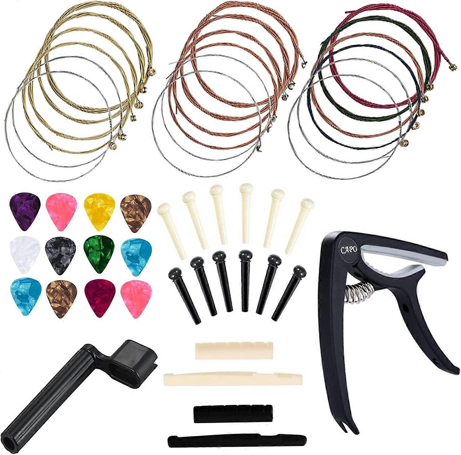 Acoustic Guitar Accessories Kit Guitar Strings Replacement Changing Tool Including Guitar Acoustic Strings, Picks, Capo, String Winder, Bridge Pins, P