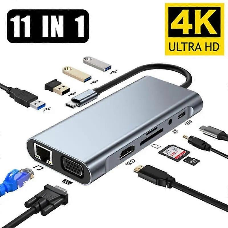RYRA 11 In 1 USB C HUB Type C Splitter To HDMI 4K Thunderbolt 3 Docking Station Laptop Adapter With AUX SD TF Card RJ45 VAG HUB