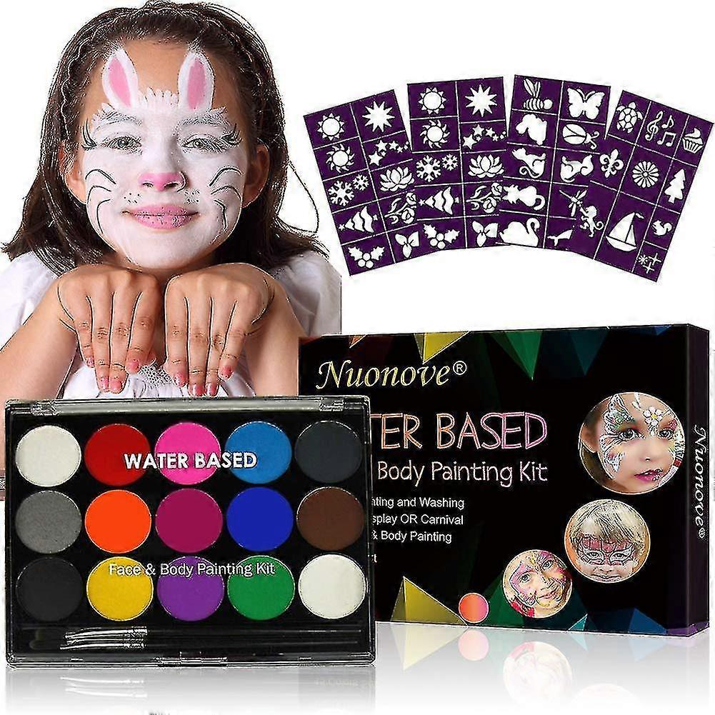 طقم طلاء الوجه للأطفال, دهانات الوجه, الرسم على الوجه والجسم, مع 2 فرشاة المهنية, 15 لون, 40 قوالب الوشم