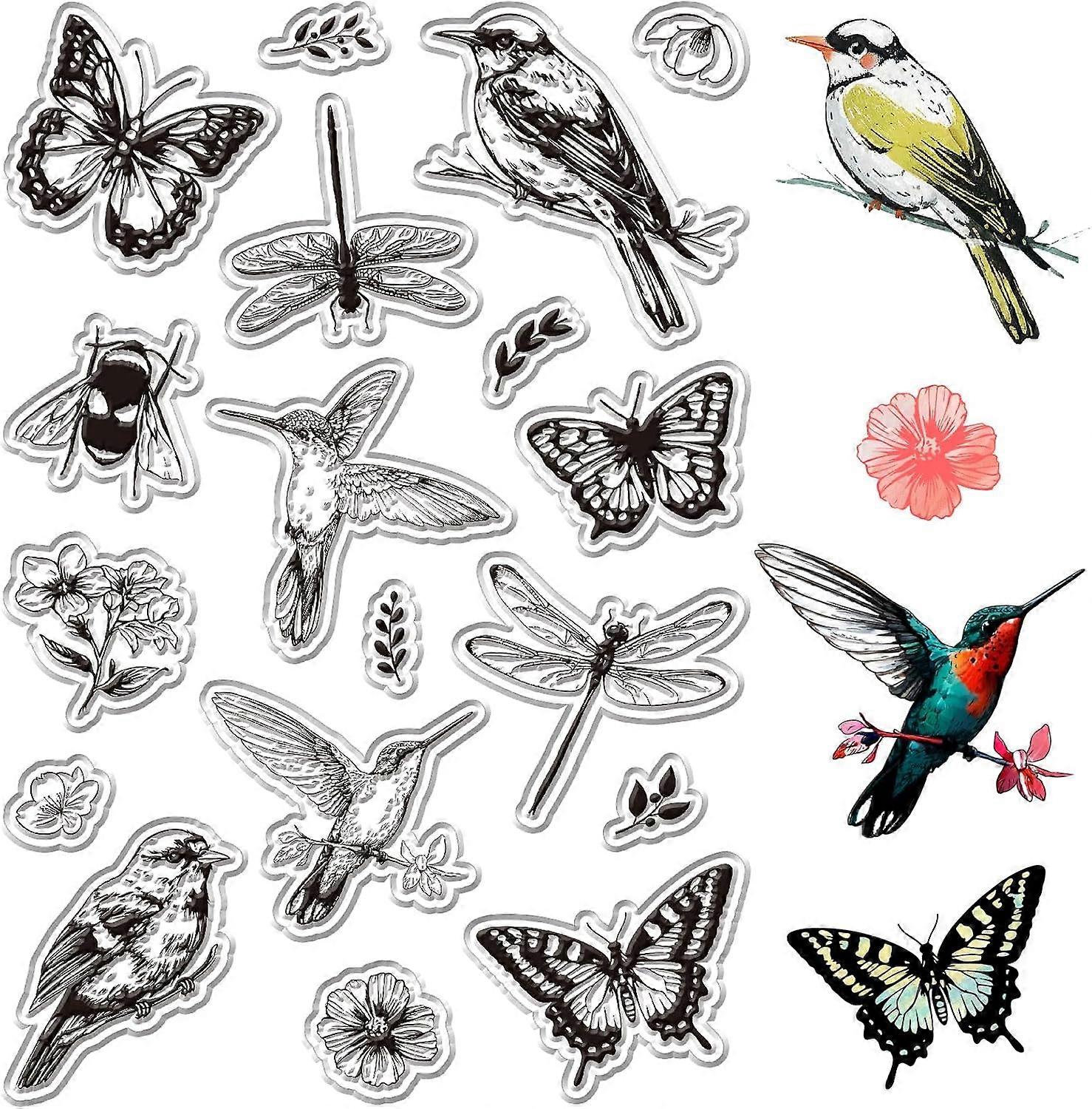 Bird Clear Stamps Realistic Birds Butterfly Bee Flower Dragonfly Plant Flying Insect Specimen Vintage Background Postmark Silicone Stamp Seal for DIY