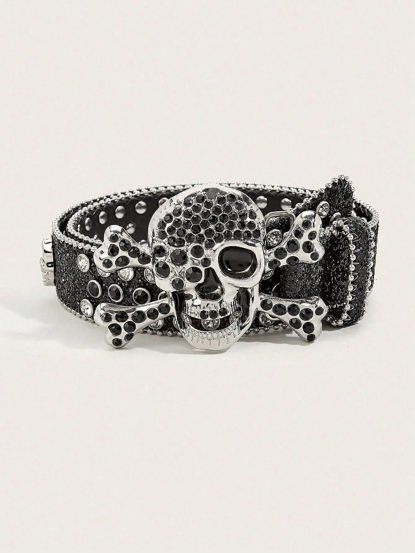 1pc Men's Heavy Duty Skull Head Rivet & Rhinestone Decor Belt Buckle, Suitable For Matching Pants Belt Street Halloween