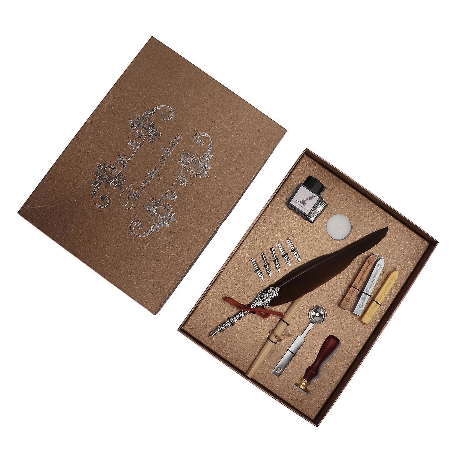 Brown Feather Pen Set: Smooth Writing Retro Design with Carving Appearance
