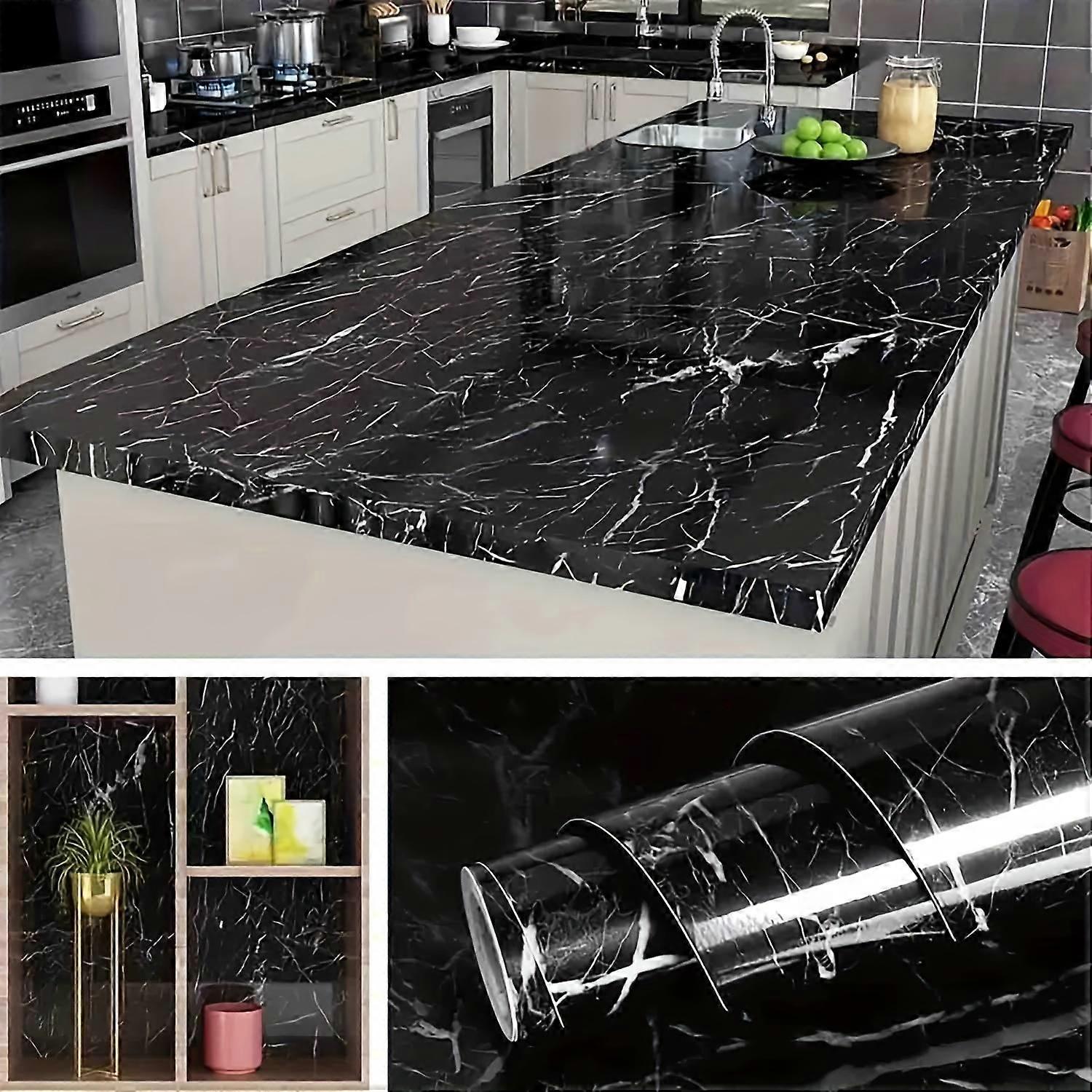 1 Roll Self-Adhesive Black Marble Glossy Contact Paper, Removable Waterproof Vinyl Oil-Resistant High Temperature Resistant, Peel And Stick Wallpaper