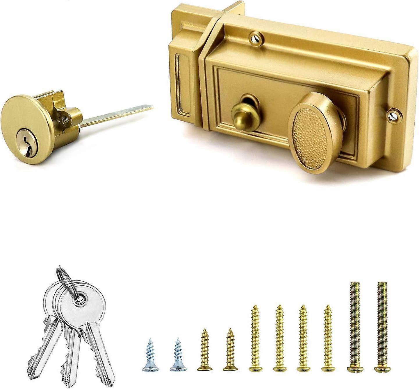 Night Latch Deadbolt Rim Lock with Key Gold Finish Antique Style Lock with Front Door Key