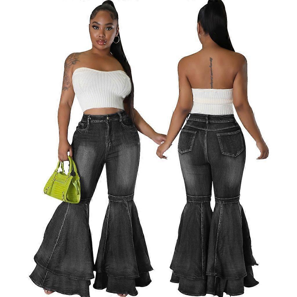 Pantalon large à la mode pour femmes, pantalon évasé extensible en denim délavé