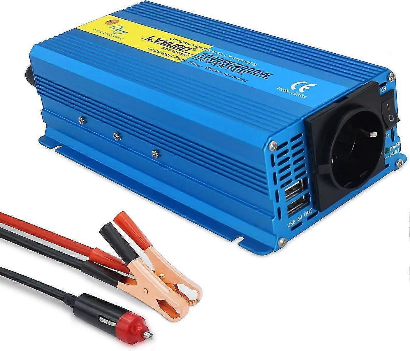 2000W pure sine wave inverter, voltage converter DC12V AC 220V car inverter with 2 USB and 1 socket for tablets laptops smartphones