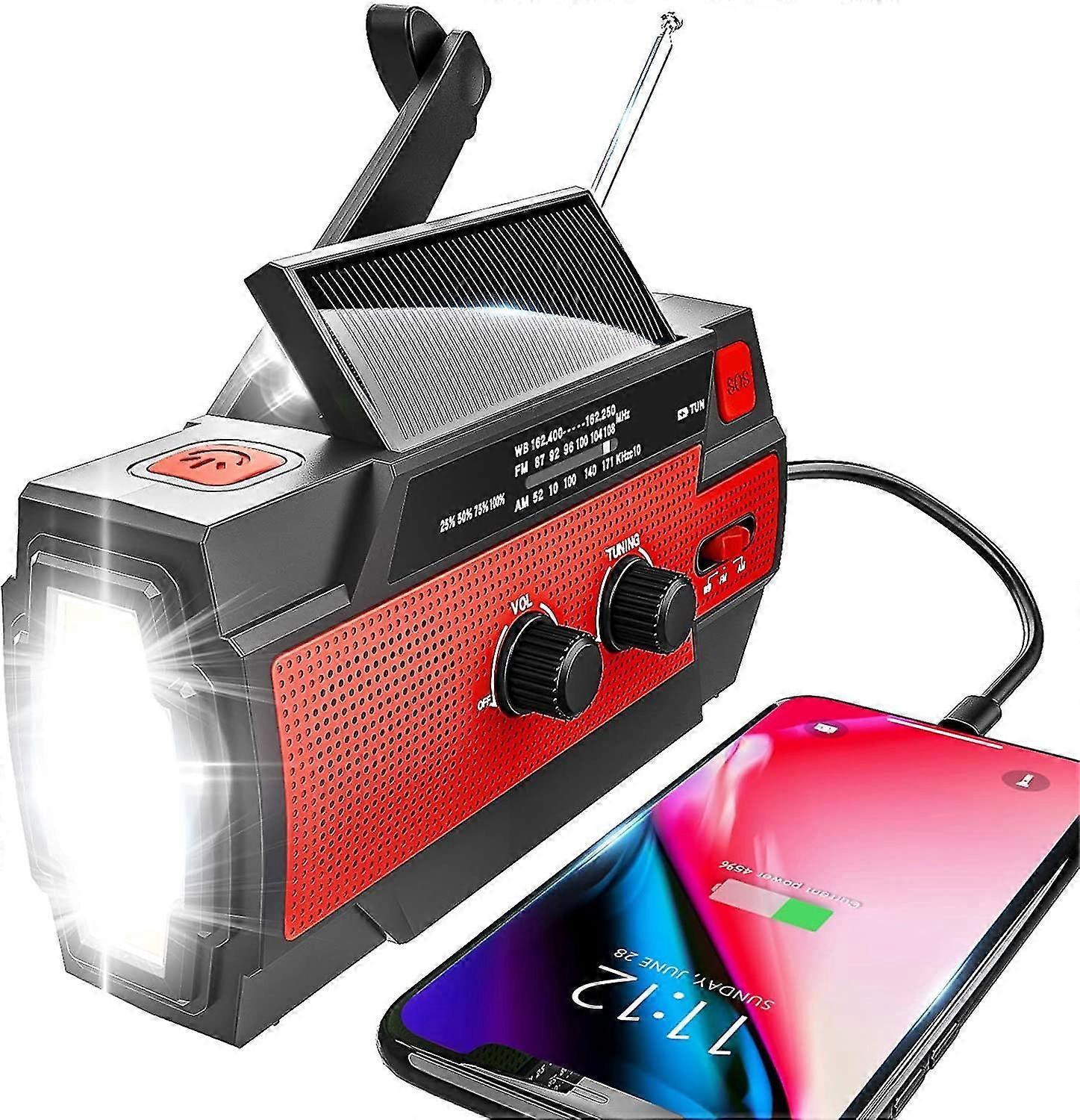 Radio de emergencia, energía solar de manivela manual, radio meteorológica portátil de 4000mah, radio meteorológica, radio al aire libre con linterna y luz de lectura del sensor de movimiento