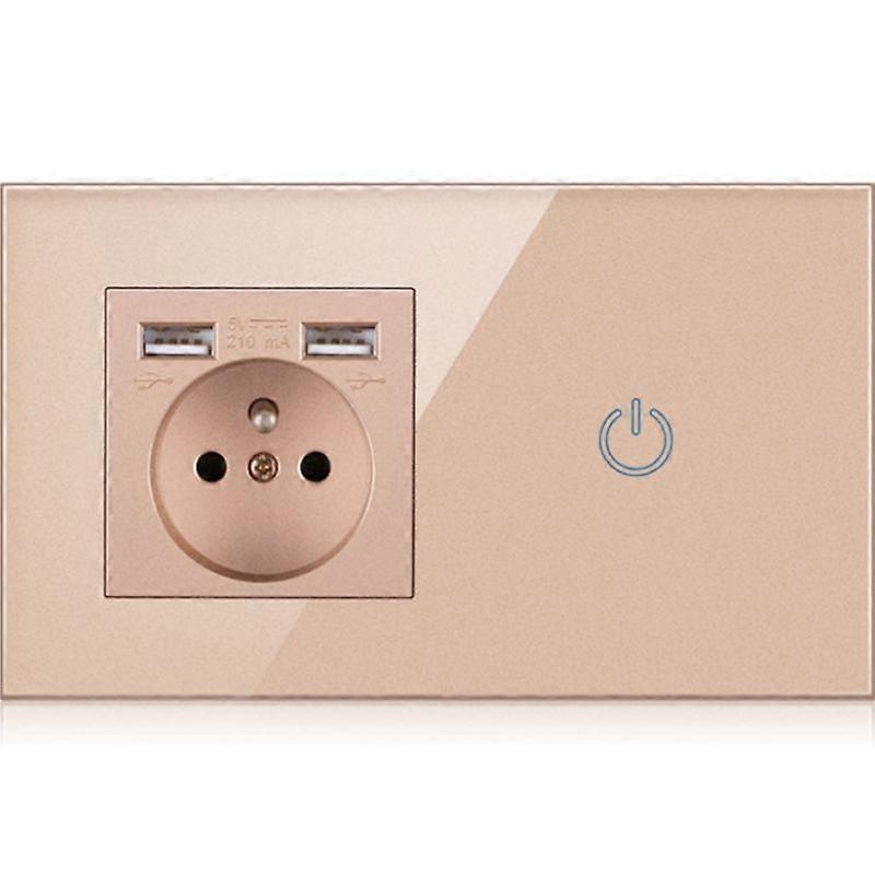 EU Power Outlet Socket With 2 USB Gold Glass Panel Touch Light Switch French Wall Electrical Socket 100V~250V