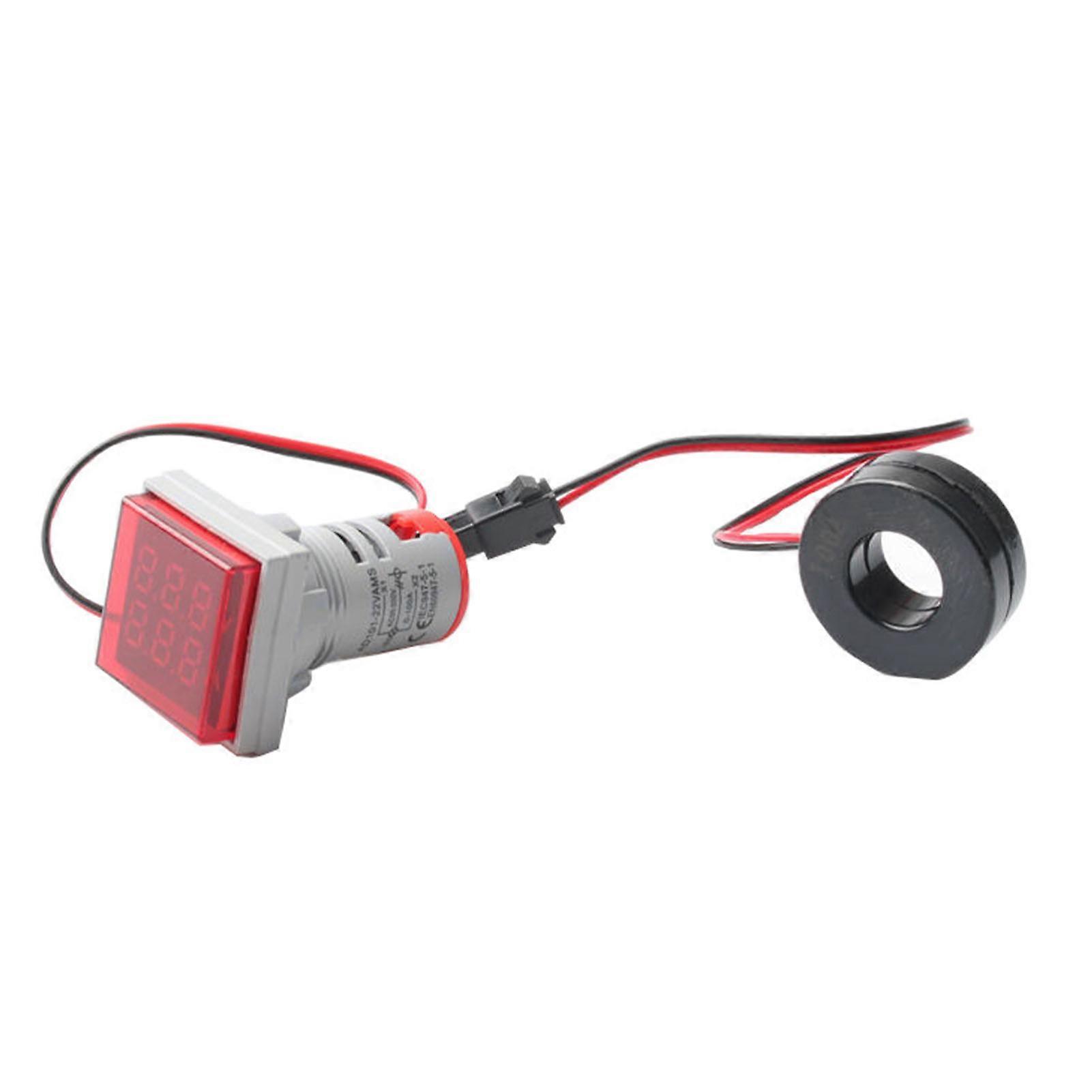 Voltage Ammeter Digital Multimeter Small Square Current Voltmeter LED Light AC50‑500V 0‑100A 22mm Red