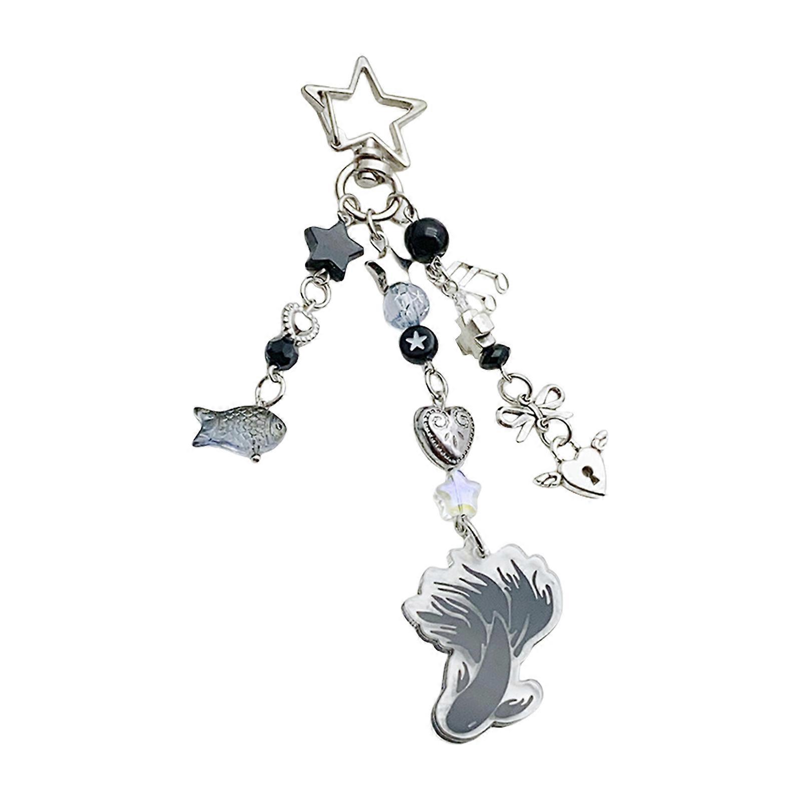 Fish Bowknot Heart Star Charm Keyring Stylish Beaded Keychain Pendant Ornament Fashionable Key Chain for Women Girls Black