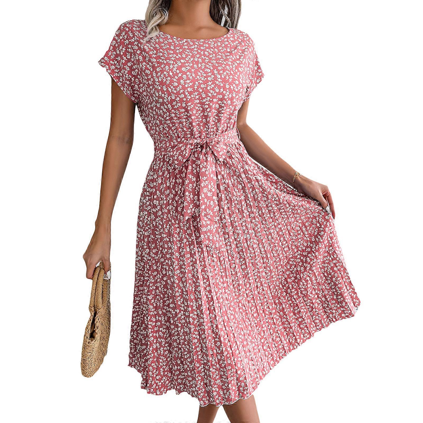 Bayan Yaz O-Yaka Kısa Kollu Elbise Rahat Çiçek Baskı Tatil Elbise Bohem Plaj Elbisesi Parti Zarif Maxi-Elbise Pembe XL