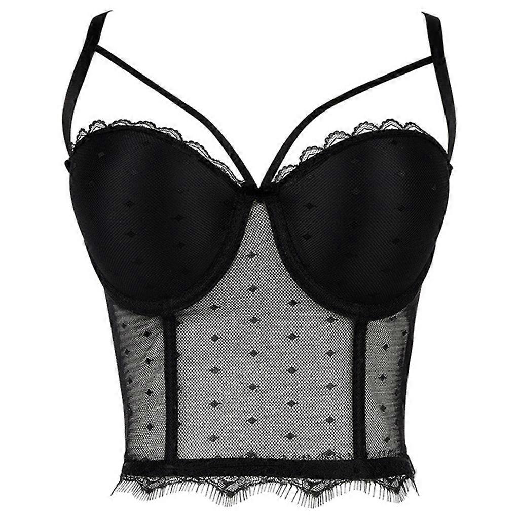 Women Sexy Spaghetti Strap Bustier Bra Sheer Polka Dot Mesh