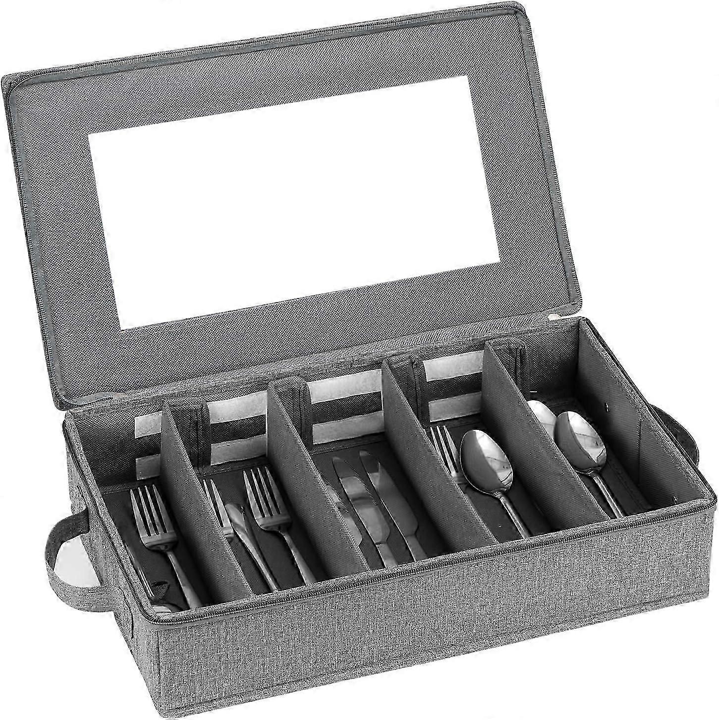 Flatware Utensil Storage Case, Silverware Storage Box Chest with Adjustable Dividers with Zipper LidLarge Capacity Gray