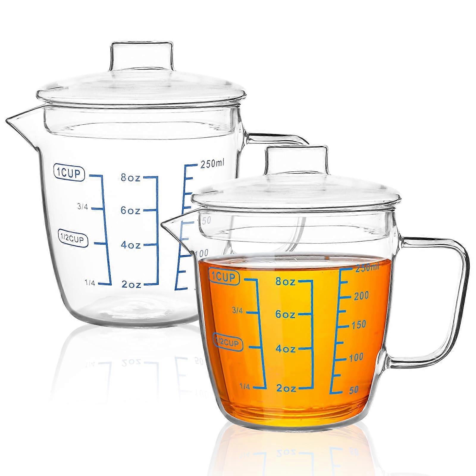 2 Pack Borosilicate Glass Measuring Cup with Lid, 1 Cup/8oz/250ml, Heat Resistant, V-Shaped Spout, Microwave Safe