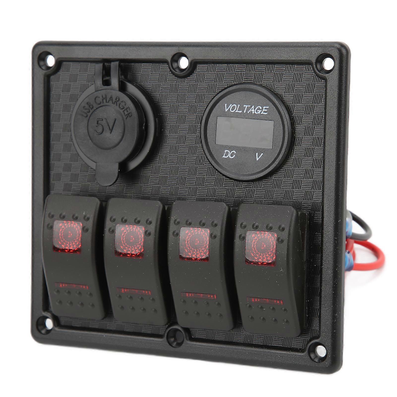 4 Gang 5Pin Rocker Switch Panel with Voltmeter & 4.8A USB Red
