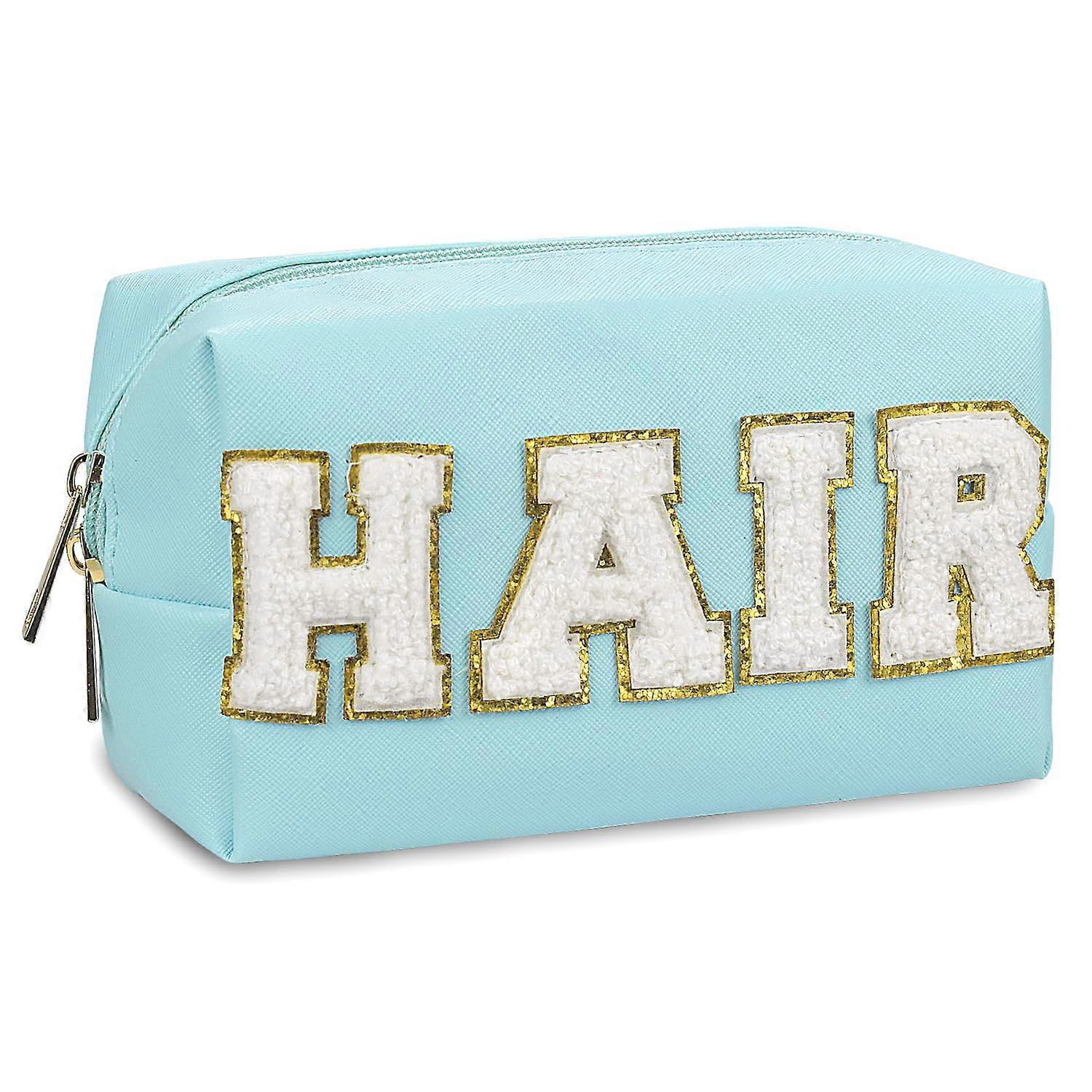 2 Pack Preppy Patch Makeup Bag Leather Cosmetic Bag Makeup Pouch, (Blue) WALONER Preppy Patch Leather Makeup Bag - Large Waterproof  main image 4