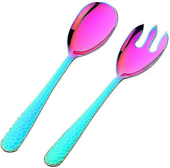 Salad Spoon And Fork Set, 12 Inch Stainless Steel Rainbow Salad Server, Large Serving Utensils, Pack Of 2