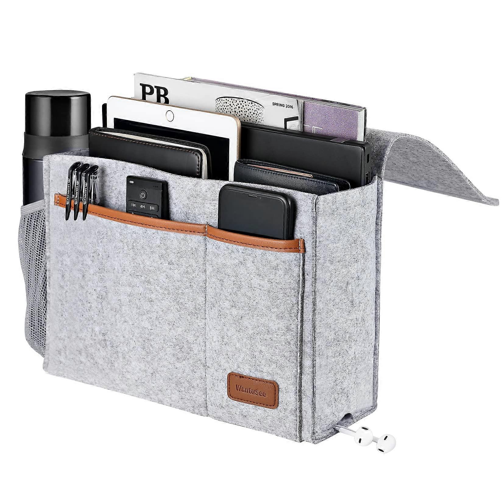 Bedside Caddy Felt Storage Organizer Hanging Bag with 5 Pockets for Books, Tablets, Remotes, and Water Bottles, Light Gray
