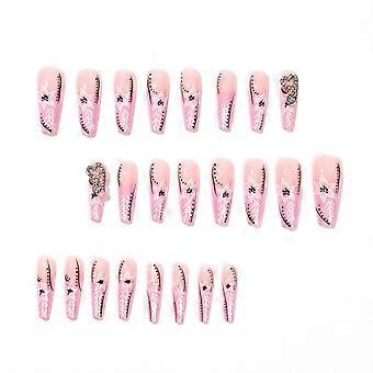Long Ballerina False Nail Pink Flower Silver Heart Nail with 3D Decor