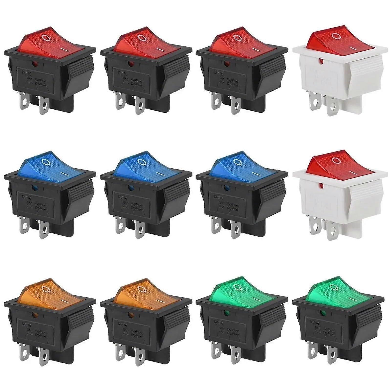 KCD2 KCD4 Rocker Switch 10pcs 15A/30A 250V DPST Red Lighted Toggle Switch 4 Pin Heavy Duty 120V 5 Colors