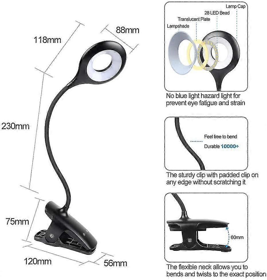 Rechargeable LED Reading Light with Touch Control, Eye Protection, Adjustable Brightness, Flexible Neck & Clip