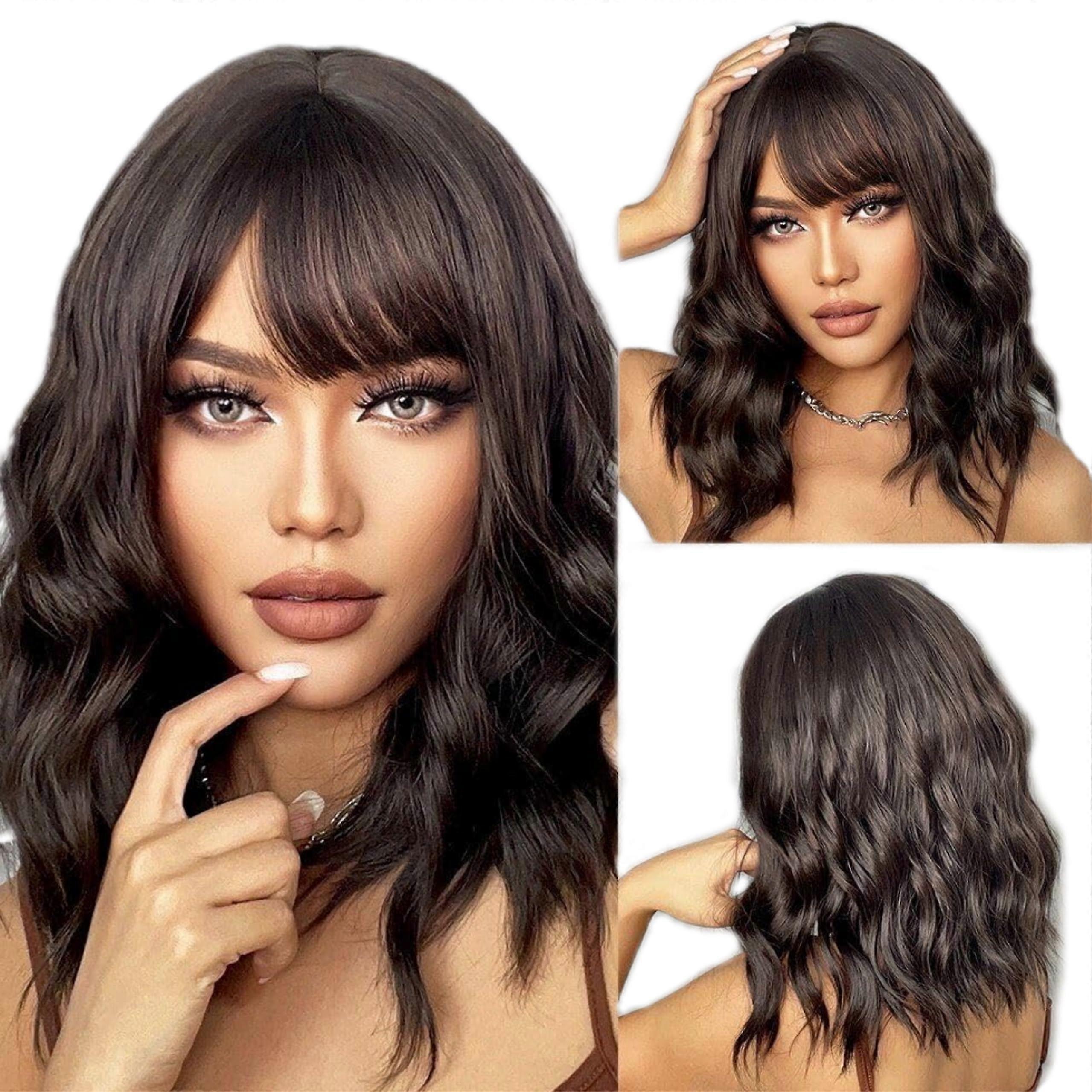 16 Inch Short Wavy Wig with Bangs Dark Brown Shoulder Length Curly Synthetic Bob for Daily and Party Wear