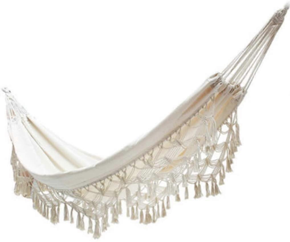 Portable Cotton Hammock 195x145cm for Terrace, Garden, Veranda, Indoor/Outdoor Use, White with Tassels