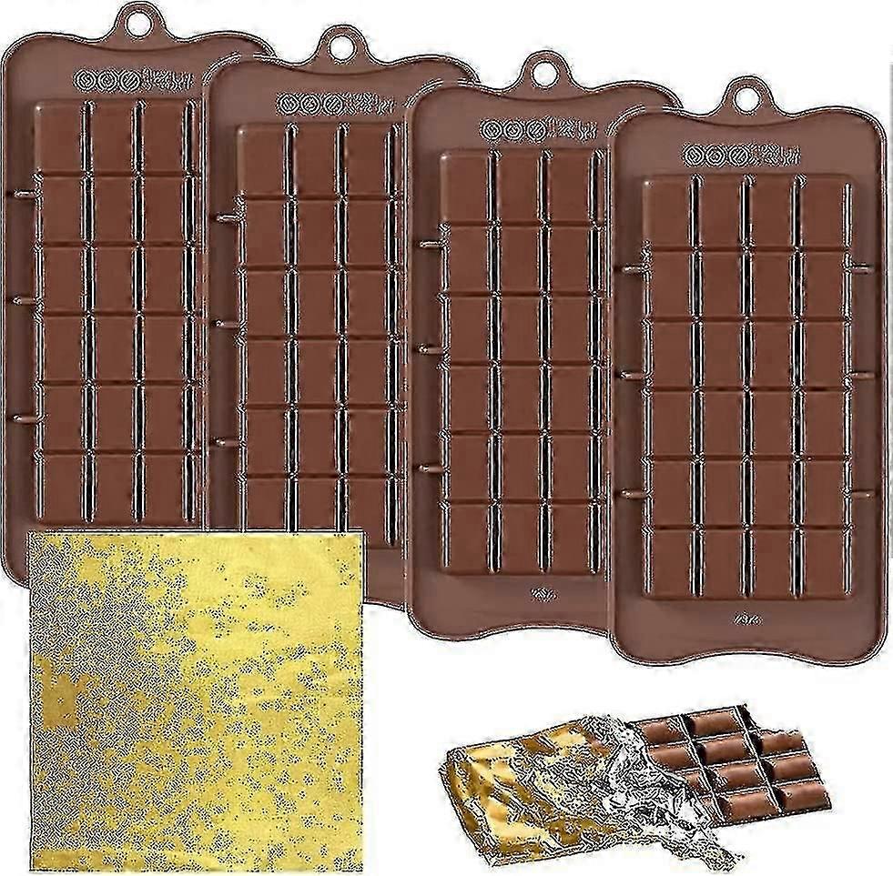 4 stuks chocoladevormen met 100 goudfoliewikkels, chocoladereepvormen met antiaanbaklaag Chocoladerepenmaker Break-apart siliconen chocoladevormen-YGWL