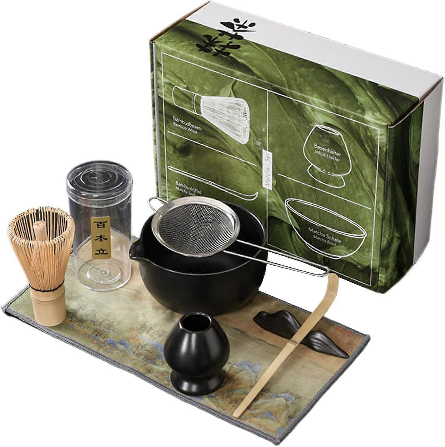 7pcs/set Matcha Set, l’ensemble de fouet Matcha comprend un bol à Matcha, un porte-fouet en bambou, Noir