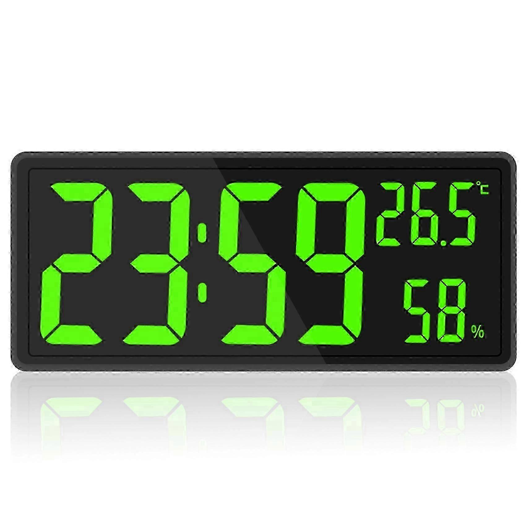 LED Digital Wall Clock with Display, Indoor Temperature & Humidity, Suitable for Home, Classroom, Office, Green