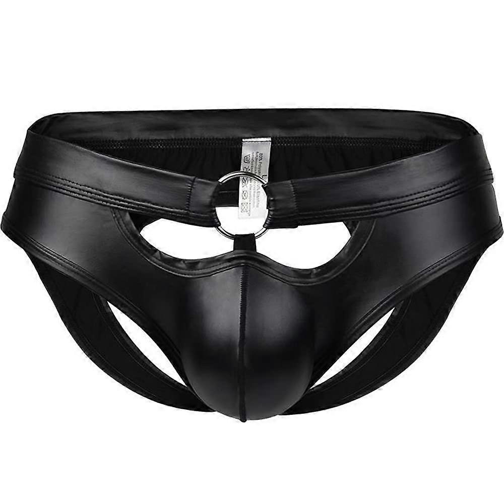 Sexy Men's Leather Briefs G-String Open Butt Wetlook Mini Trousers Low Rise Jockstrap Pants Faux Leather M Black