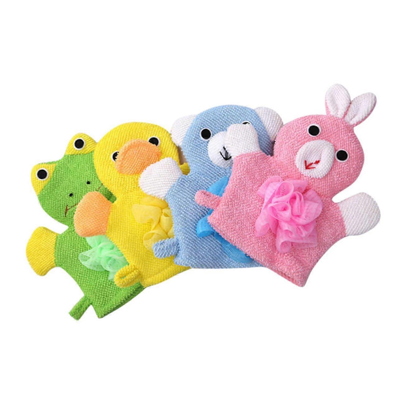 Pack of 4 Children's Bath Towels, Soft Cotton Hand Towels, Exfoliating Bath Gloves, Loofah Sponge, Baby Shower Accessories