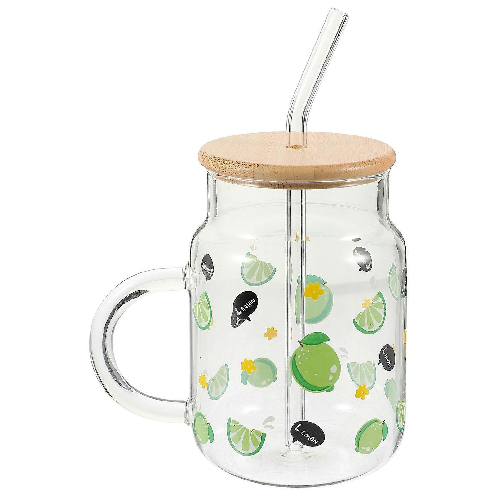 Green Glass Drinking Cup with Lid and Straw for Home Use Smoothie Pearl Milk Tea 1 Set