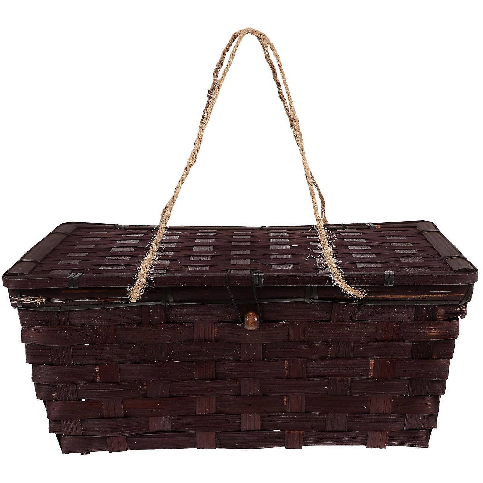 Dark Brown Bamboo Woven Basket for Storage Use Lightweight and Reusable Versatile Woven Basket With Lid 10 Inches