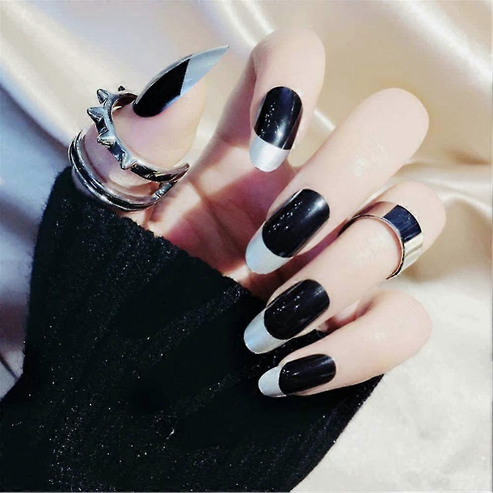 24 Pieces Artificial Fake Nails with Black & Silver Patterns - Nail Art Decorations with Adhesive Glue for Stunning Manicures