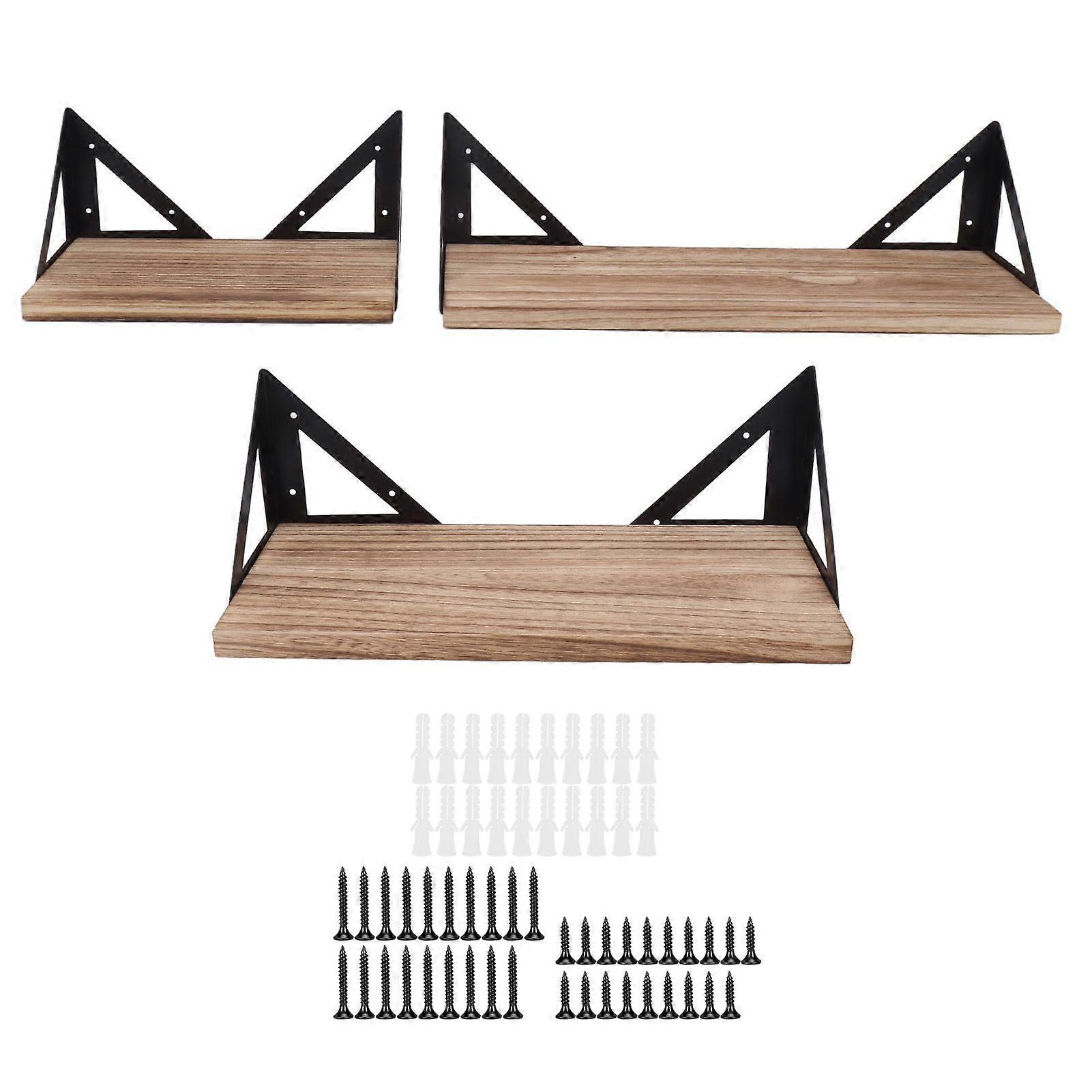 Wooden floating shelf sets for wall mounting, hanging shelf with triangle iron brackets