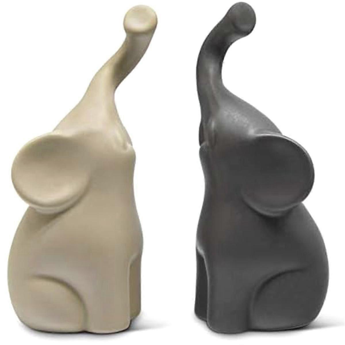 Loving Pair of Elephants in Beige & Grey - Modern Ceramic Sculpture - Figurine As A Set - Decoratio