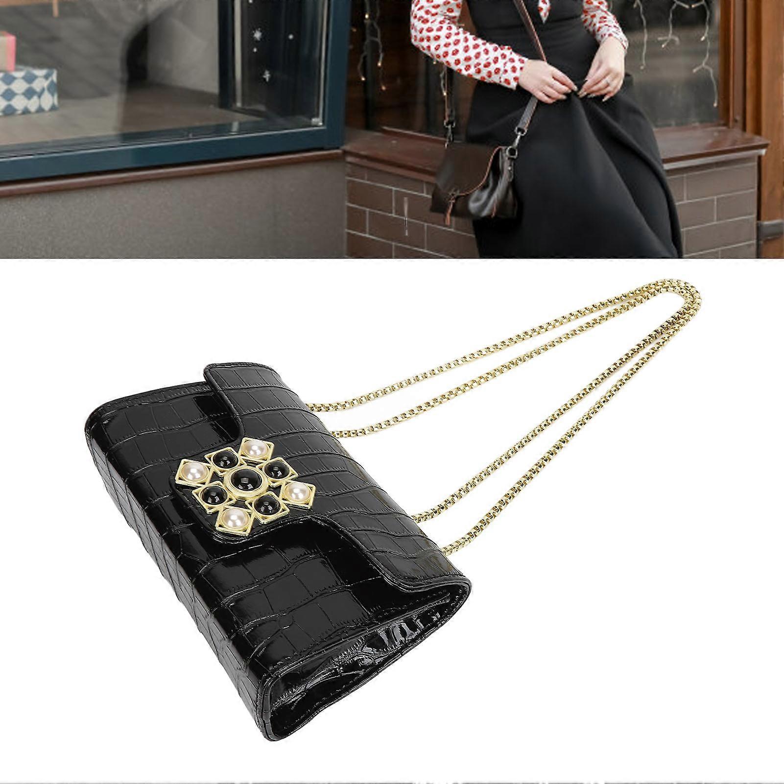 Messenger Shoulder Bag Black PU Leather 9 Grid Lock Stone Pattern