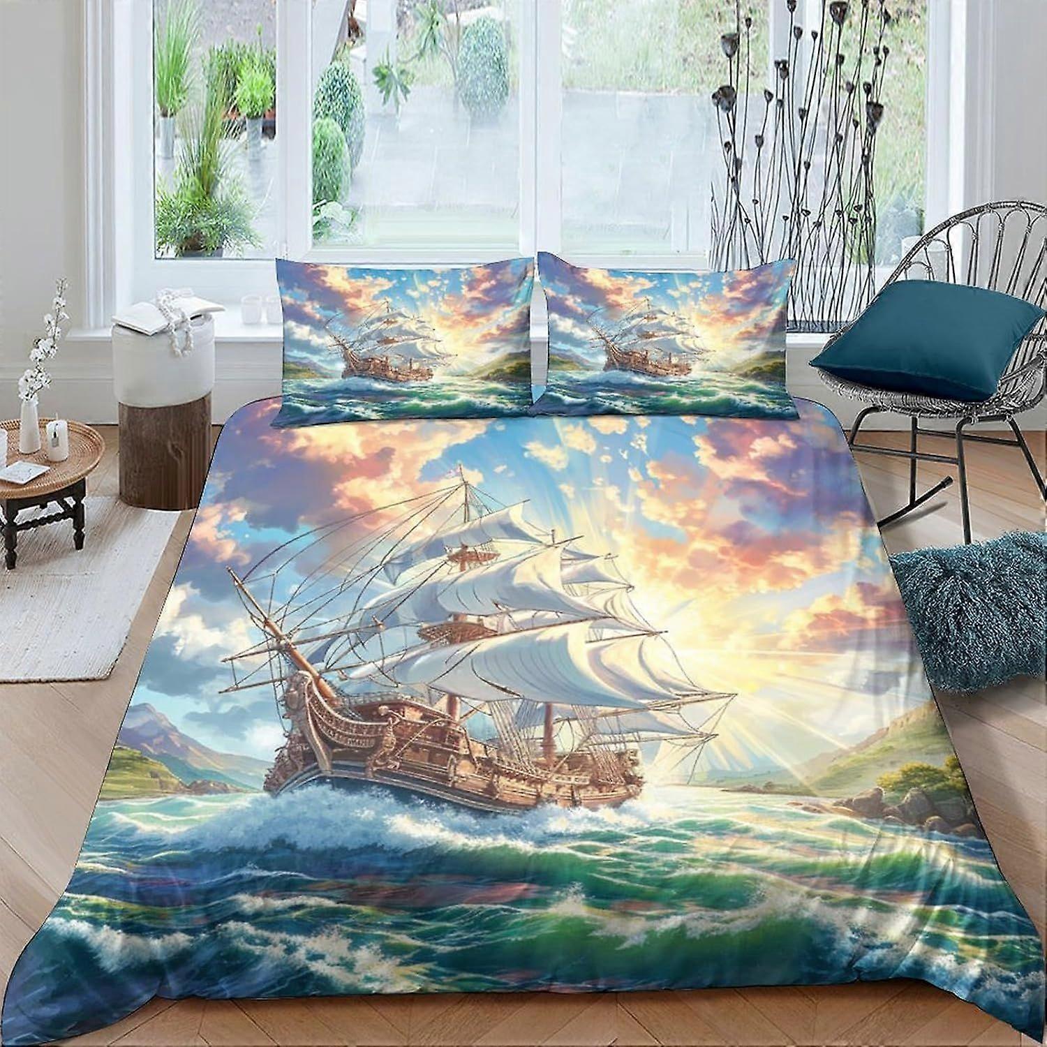 i133 Sailing Ship Bedding Set,3D Duvet Cover with Pillowcases, for Soft Microfiber Quilt Cover with Zipper Closure 3 Piece Set Double u133